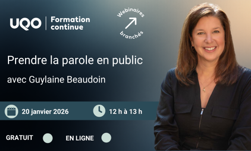 Webinaire Prendre la parole en public avec Guylaine Beaudoin. Date 20 janvier de midi à 13 h 